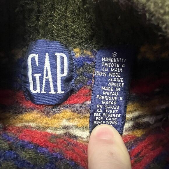 VTG 80s Gap Wool Mock Neck Leaves Pattern Thick Sweater Hand-knit Small Youth? - Picture 3 of 7